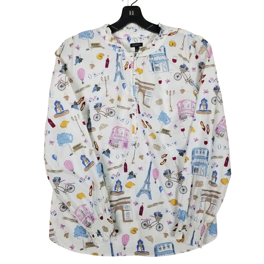 Talbots Popover Blouse Womens Large White Paris Novelty Print Cotton Ruffle Cuff